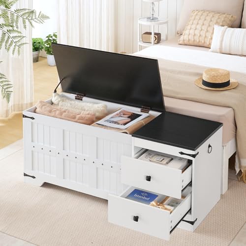 HOOBRO Wooden Toy Storage Bench, 120cm Storage Chest with Dual Drawers, Large Shoe Bench Storage Chest Trunk with Safe Hinge, Extra-Long Thick Top, Easy Assembly, White and Black WB212CW01UK - Image 4