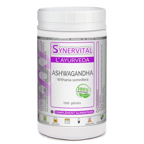 Ashwagandha Synervital 1000 gélules dosées à 300 mg - Complément alimentaire - Stress, fatigue, insomnie, amélioration des performances - Fabriqué en France