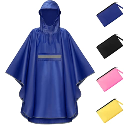NEWIROVE Regencape Kinder, Unisex Regen Poncho Wasserdicht Regenponcho Regenkleidung Kinder Mit Reflektierender Poncho Regen Leichter Regenjacke 120-140cm,Blau