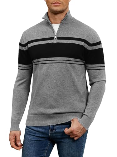Genfien Jersey para Hombre con Cremallera Cuello Alto Jersey de Punto Manga Larga Rayas Clásicas Suéter Invierno Caliente Slim Fit