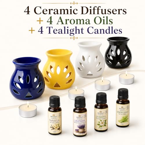 Image of BRAHMZ Ceramic Aroma Diffuser Set of 4 with 4 Tealight Candles | Essential Oil Burner for Home Fragrance | Tea Light Candle Diffuser | Aromatherapy Oil Warmer for Bedroom, Living Room, Office & Spa