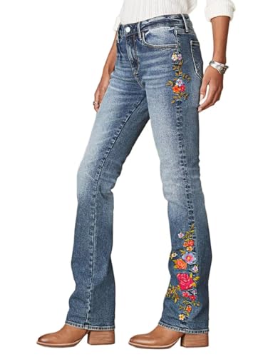 Flamingals Women's Floral Embroidery Mid Waist High Stretch Bootcut Jeans with Pockets3