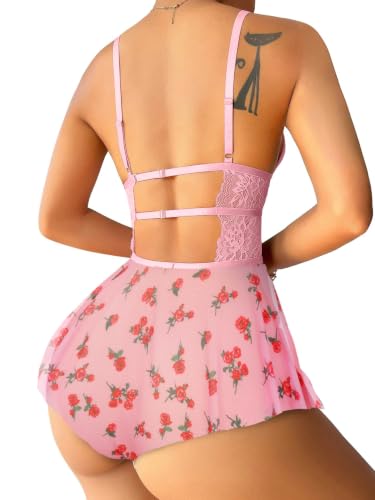 Image of Lilosy Sexy Bows Floral Lace Mesh Babydoll Lingerie Romper