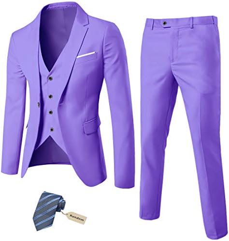 MY'S Men's 3 Piece Slim Fit Suit Set, One Button Solid Jacket Vest Pants with Tie Purple
