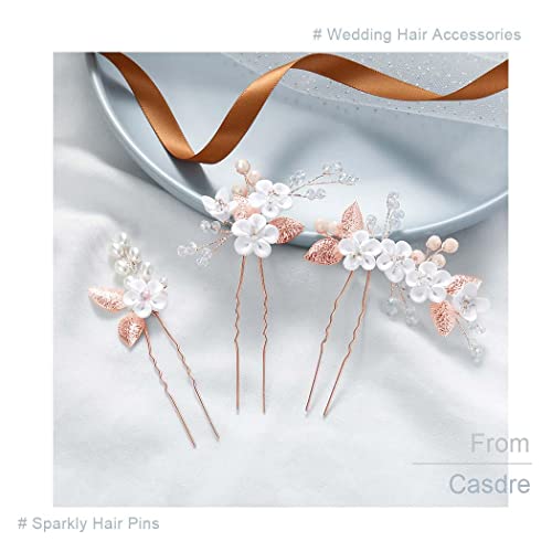 Casdre Flower Bridal Hair Pins Pearl Bride Wedding Hair Accessories Rhinestone Hair Piece For Women And Girls(Pack Of 3) (C Rose Gold) #TOP3