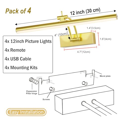 Image of Yuichoy 4 Pack Picture Light Battery Operated for Wall, 16 inch Wireless Art Lighting for Painting, 6 Colors Picture Frame Lights with Remote, Dimmable 5200mAh Gallery Light, Gold