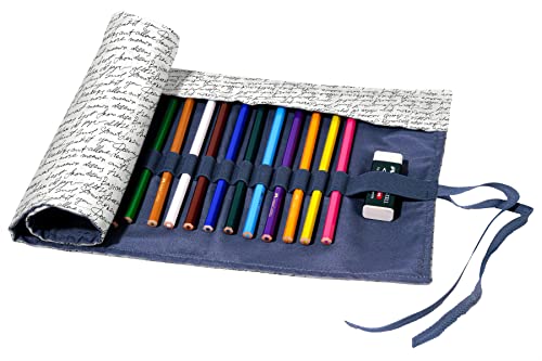 KAPAX Trousse à Crayon de Toile,Trousse à Rouler,Lavable,Impermeable,Trous Pochette pour Crayons, Trousse de Crayons de Couleurs Sac Multi-usages (Calligraphie)