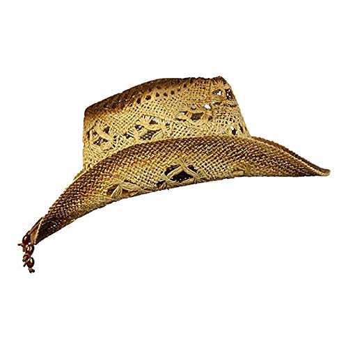 Men's & Women's Western Style Cowboy/Cowgirl Toyo Straw Hat (Tea Stain-Brown/Beads) #TOP2