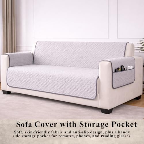 Image of STITCHNEST 'Double Vie Collection Series' Cotton Quilted Reversible Sofa Cover 2 Seater with Arm Rest and Pocket | Size 48x60 Inch