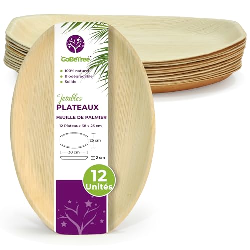 12 Plateaux en Feuille de Palmier 38x25 cm grands, Assiettes Jetables Élégantes, Plats Feuilles de Palmier pour Événements, Plateaux Jetables, Alternative...