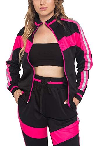 Victorious Women's Colorblock Reflective Stripe 2 Piece Tracksuit Set - Long Sleeve Sweatshirts And Sweat Pants Vl213 - Neon Pink - Small - Ee2H #TOP5