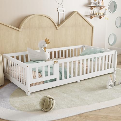 Twin Floor Bed with Slats, Fence and Door, Twin Size...
