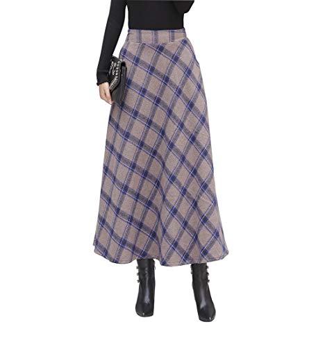 Damen Lange Rock Elegant Wollrock Winterrock Warm Plaid Casual Party Maxirock Hohe Taille A-Linie röcke Retro Elastische Taille Faltenrock Grau -S Cover