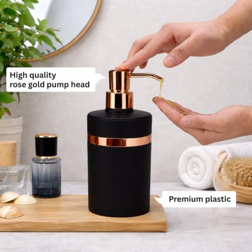 Image of Luxe Home International Rosegold & Black Plastic Soap Dispenser for Bathroom and Kitchen Sink Leak Proof Liquid Hand Wash Round Bottle Lightweight Smooth Finish (16x8 cm Rosegold & Black) Pack of 1