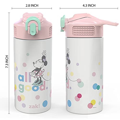 Zak Designs Disney Minnie Mouse 14 Oz Double Wall Vacuum Insulated Thermal Kids Water Bottle, 18/8 Stainless Steel With Flip-Up Straw Spout And Locking Spout Cover, Durable Cup For Sports Or Travel #TOP5