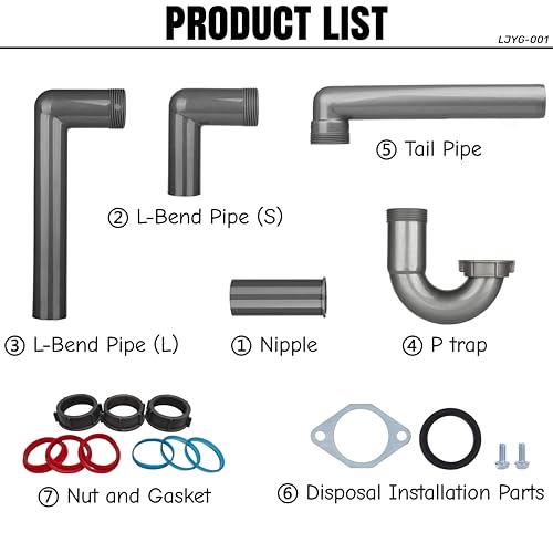Garbage Disposal Installation Kit, Complete Kitchen Sink Drain Pipe Kit, 1-1/2\" Plumbing, Wall Mount Drain, Includes Elbow, P Trap, Flange, and Gasket