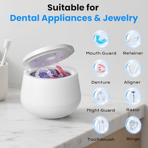 45kHz Ultrasonic Retainer Cleaner, 200ML Dental Cleaning Pod for Dentures, Mouth Guards, Braces, Aligner, Toothbrush Jewelry and More, UV Denture Cleaner with 4 Modes & Digital Timer - White — view 6