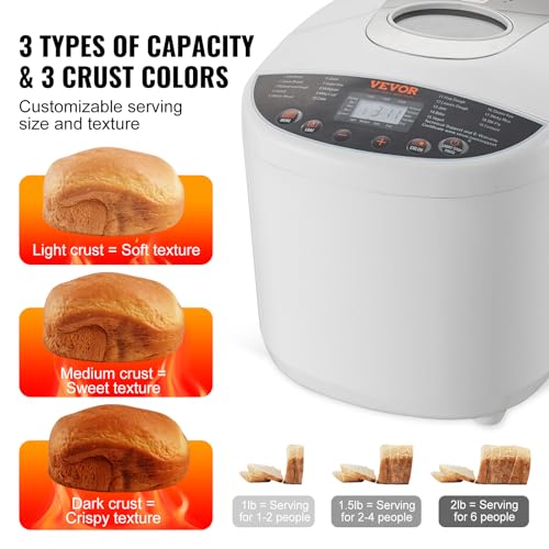 Image of VEVOR Bread Maker, 19-in-1 2LB Dough Machine, Nonstick Ceramic Pan Automatic Breadmaker with Gluten Free Setting, Whole Wheat Bread Making, Digital, Programmable, 3 Loaf Sizes, 3 Crust Colors, White