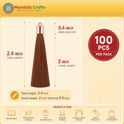 Image of Mandala Crafts Small Rose Gold Tone Cap Brown Bookmark Tassels with Loops