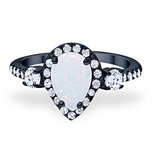 3-Stone Halo Teardrop Fashion Bridal Ring Pear Created White Opal Round Cubic Zirconia 925 Sterling silver Black Tone Size 6