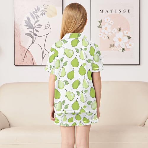 Cartoon Green Pear Summer Satin Pajama Set, Cute Button-Down Sleepwear Pj Set for Sleep Wears4