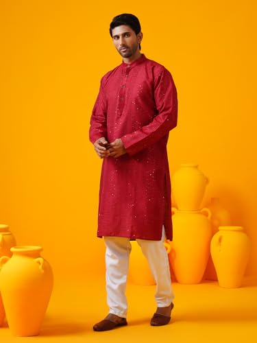 Image of SOJANYA (Since 1958 Men's Silk Bend Krochet Thread Embroidered Kurta with White Pyjama