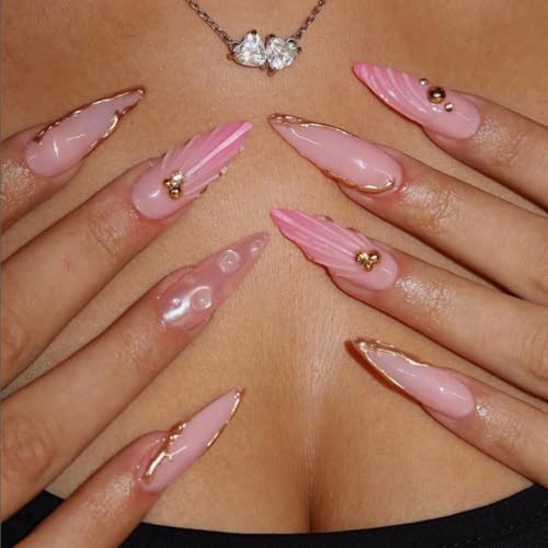 Image of Pink Press on Nails Long Stiletto Fake Nails Ombre Glue on Nails with Gold Design Glossy False Nails Reusable Artificial Acrylic Full Cover 3D Ocean Shell Stick on Nails for Women Manicure 24Pcs