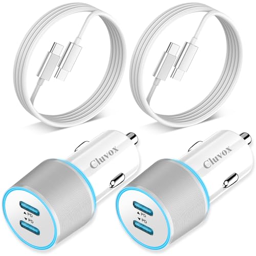 2 Pack 40W Fast USB C Car Charger Adapter for iPhone 15 Pro Max/Plus/Samsung Galaxy S24 Ultra/S23/S22 fe Car Phone Charger, Dual 20W PD Port Cigarette Lighter USB Charger with 3.3FT Type C Cord-White