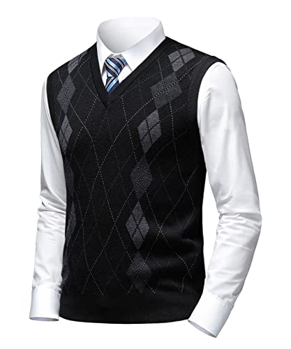 Herothorn Męskie Argyle sweter kamizelki klasyczny dekolt w serek bez rękawów sweter szary czarny dzianina ładne podkoszulki dla taty męża, B-czarny, XL