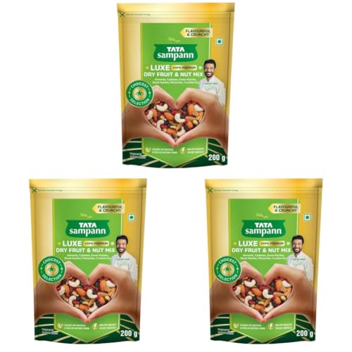 Image of Tata Sampann Luxe Dry Fruit & Nut Mix, 200g, Source of Protein, Magnesium & Phosphorus, Rich in Dietary Fiber, Flavourful & Crunchy Snack, Almonds, Cashews, Green Raisins, Black Raisins, Pistachios, & Cranberries