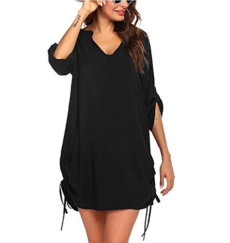 Cache-maillot de plage noir en taille L avec col en V et imprimé papillon pour femme