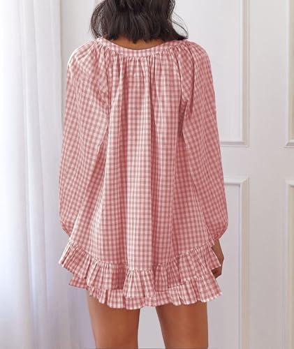 Image of Tsultryofs Women 2 Piece Gingham Pajama Sets Puff Sleeve Button Down Peplum Tops and Y2k Ruffle Lounge Shorts Sleepwear (Pink, S)