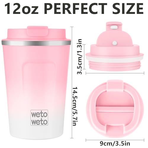 Image of WETOWETO 12 oz Stainless Steel Insulated Tumbler, Travel Coffee Mug, Insulated Coffee Mug with Lid, Spill Proof Coffee Cup, Portable Thermal Mug, Reusable Cup for Hot and Cold (Pink-White)