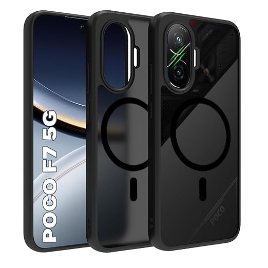 Image of RIGGEAR Shockproof Sleek Hybrid Armor Magnetic Back Cover Case Compatible with MagSafe Accessories for Poco F7 5G (Smoke Black Matte PC + Black TPU Bumper)