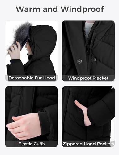 Image of wantdo Girls Winter Coats Long Puffer Jackets Fleece Lined Removable Hood | Detachable Faux Fur, 5000mm Waterproof, Zippered Pockets, Machine Washable