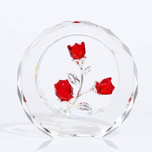 Red Rose Flower Crystal Figurine with Vase – Bouquet Flowers Ornament Gifts for Wife Girlfriend Women – Handmade Crystal Flower Collectible Home Table Decor ​for Valentine’s Day Wedding Anniversary