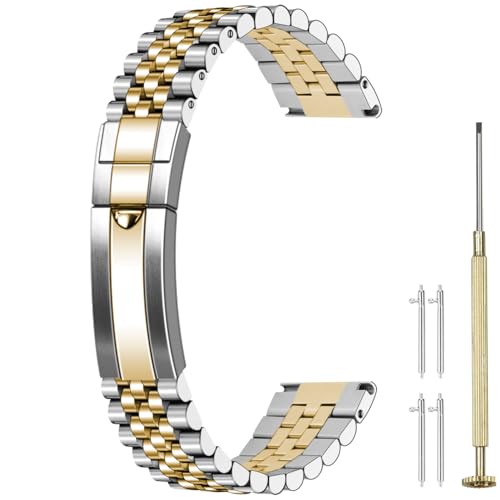 Image of Juntan Screw-in Stainless Steel Watch Band 20mm 21mm 22mm for Men Women, Curved End Straight End Metal Watch Strap with Oyster Buckle, Taperd Replacement Jubilee Bracelet Silver Gold