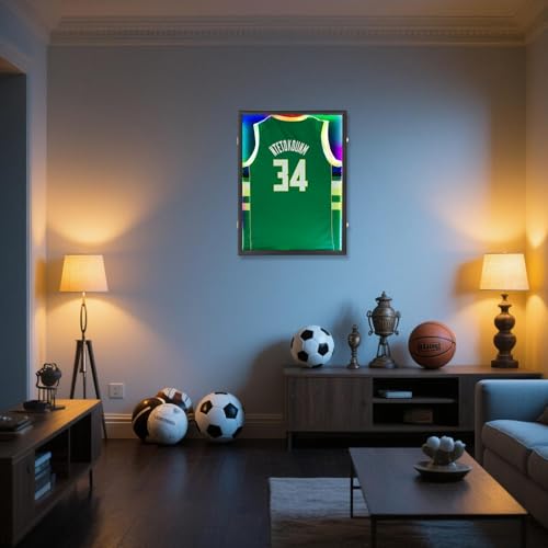 Image of IHEIPYE LED Jersey Frame Display Case - Shadow Box with LED Light - Black Lock, UV Resistant Acrylic Wall Mount Display Case for Football, Baseball, Basketball Jersey with Light