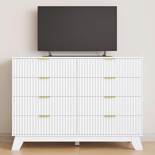 Image of HUANLEGO 48 inch W Tall Fluted Dresser for Bedroom with 8 Drawer, White | Mid Century Modern Dresser for Closet, Anti-Tipping Design, Wooden Dressers & Chest of Drawers for Living Room, Home Office