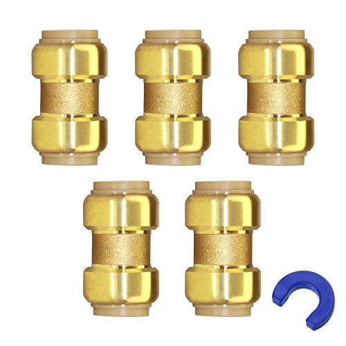 (5-Pack) 3/4-Inch Push-to-Connect Plumbing Fittings, Pushfit Straight Coupling Pipe Fitting with 3/4\" Disconnect Clip, Brass Pushfit Fittings Plumbing Pipe Connector for PEX tubing, Copper, CPVC