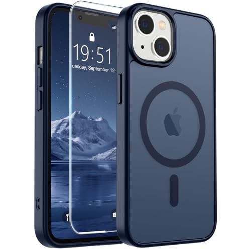 Image of SUPFINE Magnetic for iPhone 15 Plus Case & iPhone 14 Plus Case with Screen Protector (Compatible with MagSafe)(Military Grade Drop Protection) Translucent Shockproof Phone Cover,Dark Blue