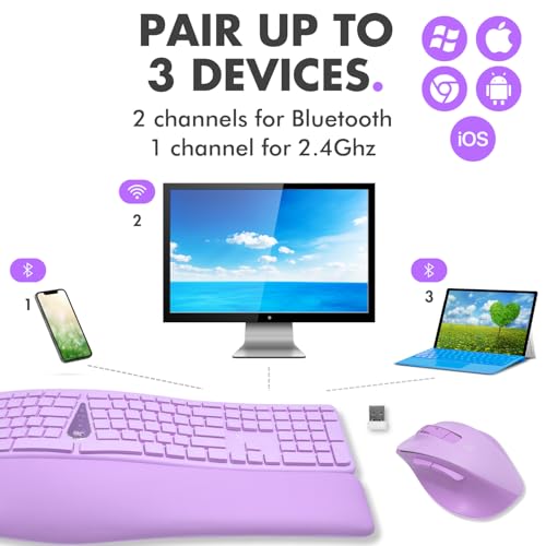 X9 Purple Ergonomic Keyboard Mouse Wireless Combo - Type Comfortably Longer - 2.4G/Bluetooth Split Keyboard, Multi-Device, Soft Wrist Rest, Rechargeable, Silent Ergo Keys - Laptop, PC, Mac,iOS,Android