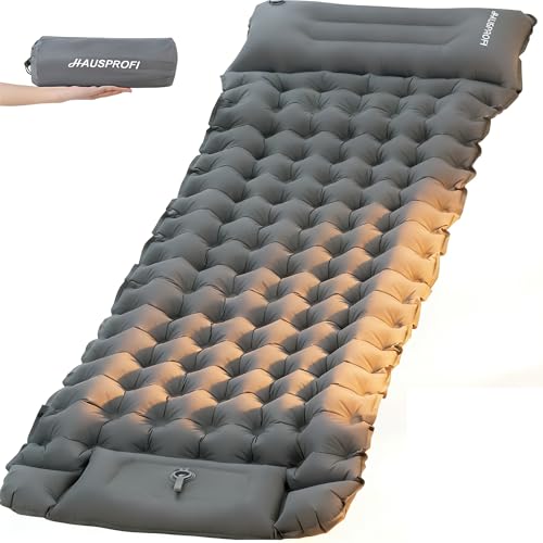HAUSPROFI Isomatte Camping, 10cm Ultraleicht Camping Luftmatratze mit Fußpumpe & Kissen, Aufblasbare Matratze Kompakte und Leichte, Campingmatte für Wandern Strand Outdoor, Armeegrün, Grau 1