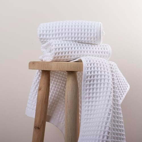 PÜSKÜL Pack of 2 Waffle Bath & Spa Towels - Premium 100% Turkish Organic Cotton - Quick Dry Thin Bath Towel for Bathroom - Made in Turkey (White, 32x63 inch) - Thumbnail 3