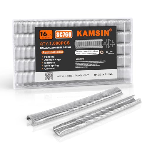 Kamsin SC760 16 Gauge C Ring Staples 1/2" Inside Crown 5/8" Outside Crown Hog Ring Staples C Rings Galvanized Steel Hog Rings Collated Staples for Staple Gun 1,000 PCS/Pack (Galvanized Steel)