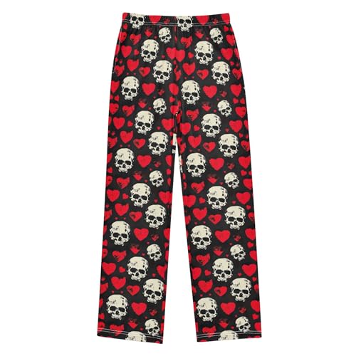 Skull Hearts Long Pajama Pants Elastic Waist PJ Bottoms with Pockets S A1133372