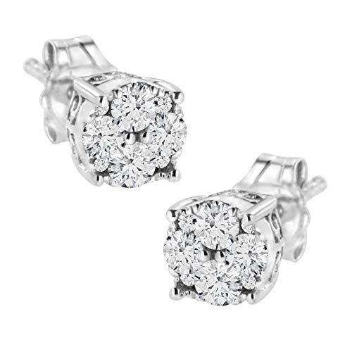 .925 Sterling Silver 1/2 cttw Prong Set Round-Cut Diamond Cluster Stud Earring (I-J Color, I2-I3 Clarity)
