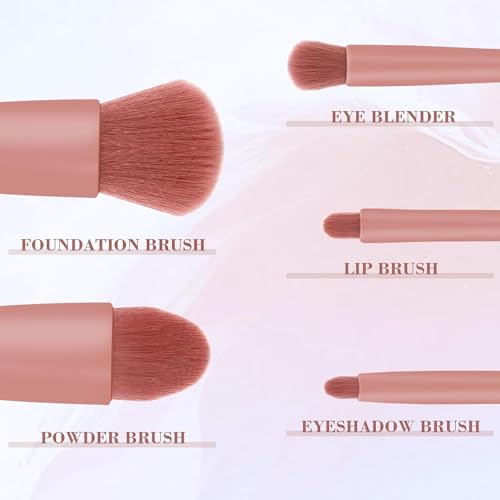 Image of UCRAVO 5-in-1 Small Mini Makeup Brush Kit with Mirror - Compact Travel Cosmetic Set for Face, Eyeshadow, Blush, Powder & Lip Application - Portable Makeup Brush Kit for Women, Teens & Beginners