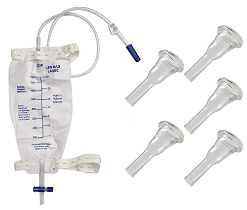 Male Urine Leg Bag Collector,5-Condom Catheters Self-Seal 31mm (Intermediate), 750ml Leg Bag 30 Inch PVC Extension Tubing, Straps & Fast and Easy Draining