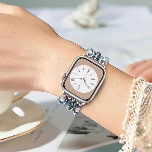 Image of MOFREE Beaded Bracelet Compatible for Apple Watch Band 45mm /44mm /42mm Women, Fashion Handmade Pearl Beads Elastic Stretch Strap for iWatch Series 10 /9 /8 /7 /SE /6 /5 /4 /3 /2 /1 Bue